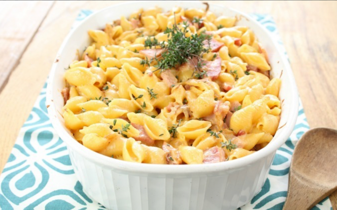 HAM AND GARLIC CHEDDAR PASTA BAKE